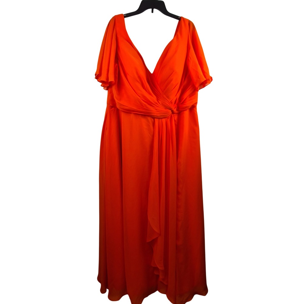 Ryanth Orange Chiffon V Neck Flutter Sleeve Lace Up Back Maxi Formal Dress 22